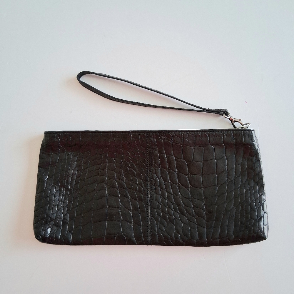 Lodis Crocodile Embossed Leather Wristlet Clutch Black